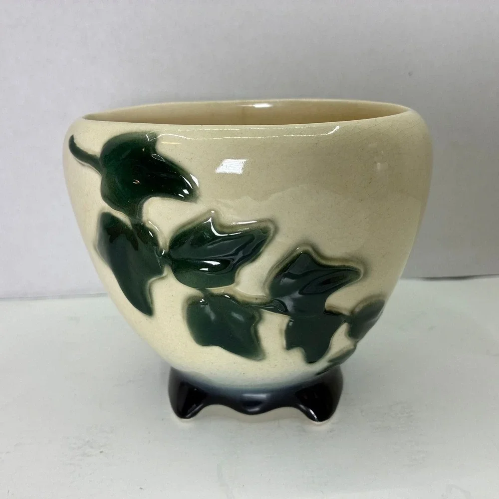 Vintage McCoy Pottery Green Ivy Leaf Planter Cream Footed Oval Pot 4.75 Inch